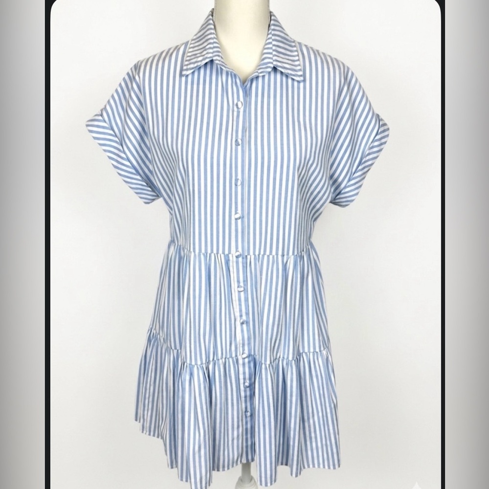 Aqua Bloomingdales Tiered Short Sleeve Shirtdress Blue White Stripes Small - Picture 5 of 9